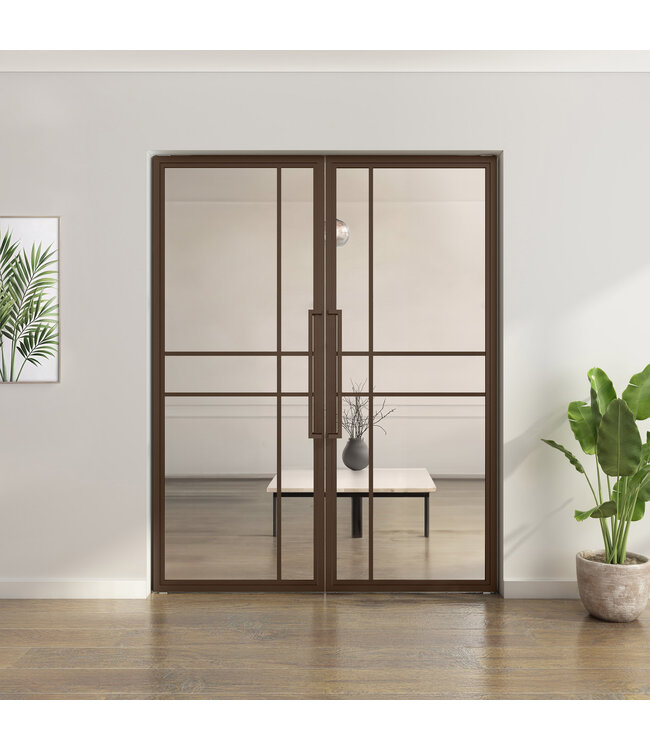 Dubbele stalen taatsdeur - 6 Vlaks  - Brons - Helder glas - Luxe design *