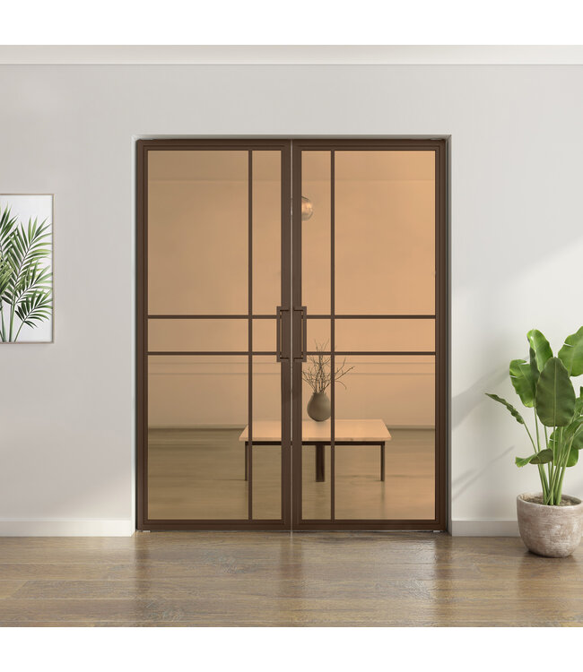 OUTLET: Dubbele stalen taatsdeur - 6 Vlaks  - Brons - Helder glas - Luxe design