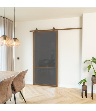 OUTLET: Stalen Schuifdeur 215 x 100 - 3 Vlaks - Brons - Rook glas