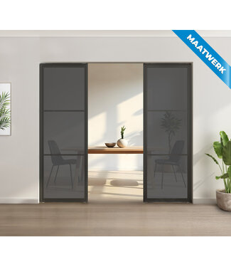 OUTLET: Stalen glaspaneel voor bij taatsdeur of als tussenwand, 3 vlaks - 227 x 118 - Rook glas OUTLET: Stalen glaspaneel voor bij taatsdeur of als tussenwand, 3 vlaks - 227 x 118 - Rook glas