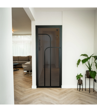 Stalen binnendeur - Zwart - 4 Vlaks rond - Rook glas Stalen binnendeur - Zwart - 4 Vlaks rond - Rook glas