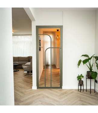 Stalen Binnendeur - Olijfgroen - 4 Vlaks rond - Helder glas Stalen Binnendeur - Olijfgroen - 4 Vlaks rond - Helder glas