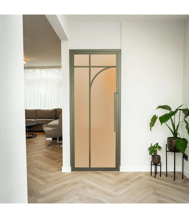 Stalen Binnendeur - Olijfgroen - 5 Vlaks rond - Mat glas
