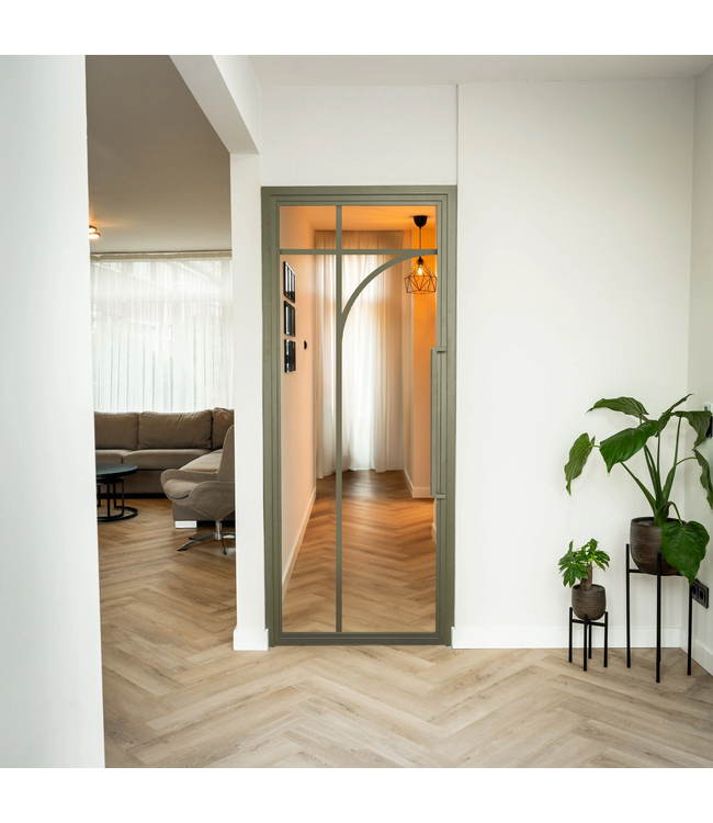 Stalen Binnendeur - Olijfgroen - 5 Vlaks rond - Mat glas