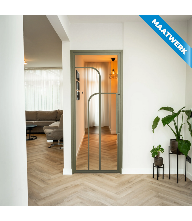 Stalen Binnendeur - Olijfgroen - 4 Vlaks rond - Maatwerk - Rook glas