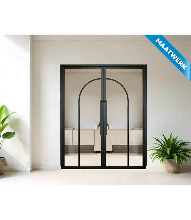 Dubbele stalen Binnendeur - Zwart - 2 Vlaks rond - Maatwerk - Rook glas