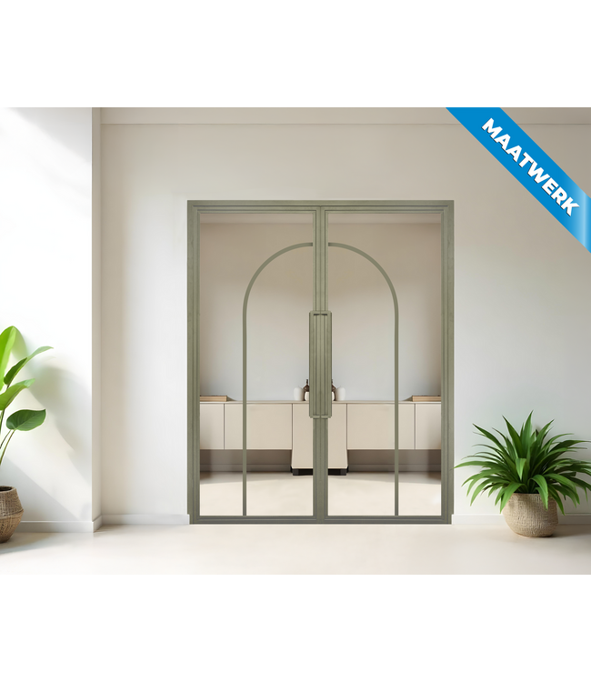 Dubbele stalen Binnendeur - Olijfgroen - 2 Vlaks rond - Maatwerk - Mat glas