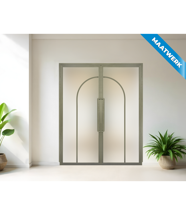 Dubbele stalen Binnendeur - Olijfgroen - 2 Vlaks rond - Maatwerk - Mat glas