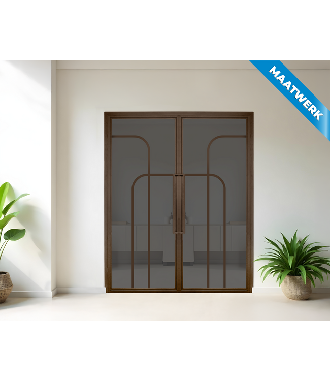 Dubbele stalen Binnendeur - Brons - 4 Vlaks rond - Maatwerk - Rook glas