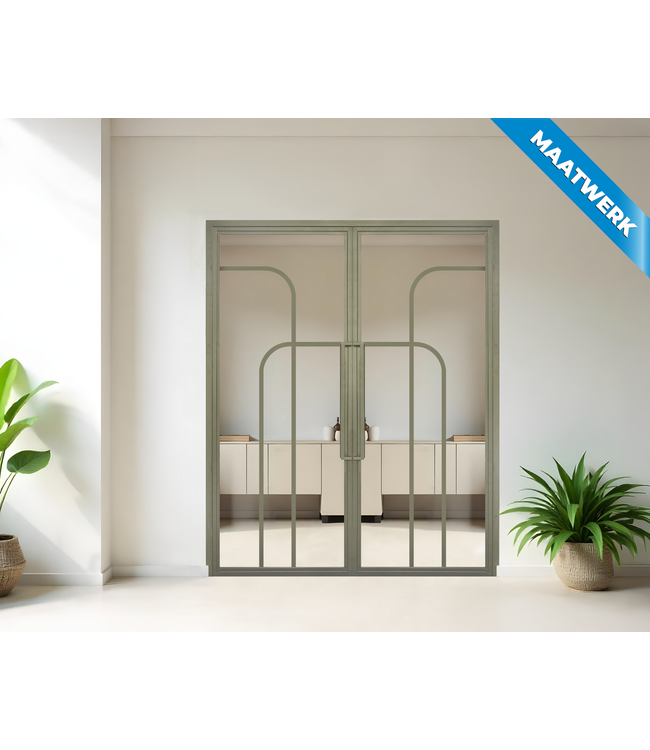 Dubbele stalen Binnendeur - Olijfgroen - 4 Vlaks rond - Maatwerk - Rook glas