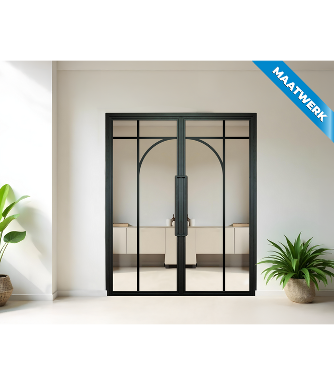Dubbele stalen Binnendeur - Zwart - 5 Vlaks rond - Maatwerk - Mat glas