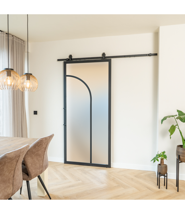 Stalen Schuifdeur - Zwart - 2 Vlaks rond - Mat glas
