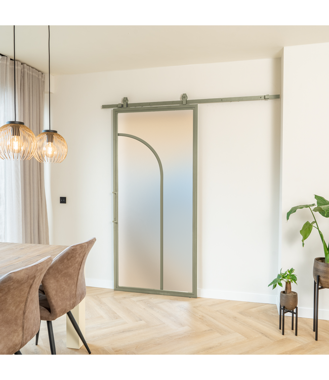Stalen Schuifdeur - Olijfgroen - 2 Vlaks rond - Mat glas