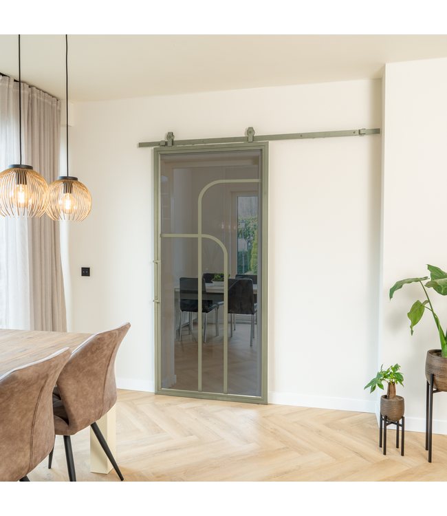 Stalen Schuifdeur - Olijfgroen - 4 Vlaks rond - Helder glas
