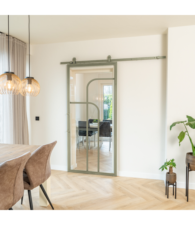 Stalen Schuifdeur - Olijfgroen - 4 Vlaks rond - Mat glas