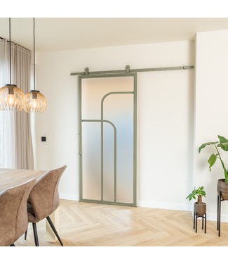 Stalen Schuifdeur - Olijfgroen - 4 Vlaks rond - Mat glas