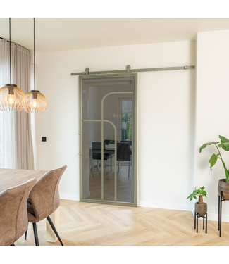 Stalen Schuifdeur - Olijfgroen - 4 Vlaks rond - Rookglas