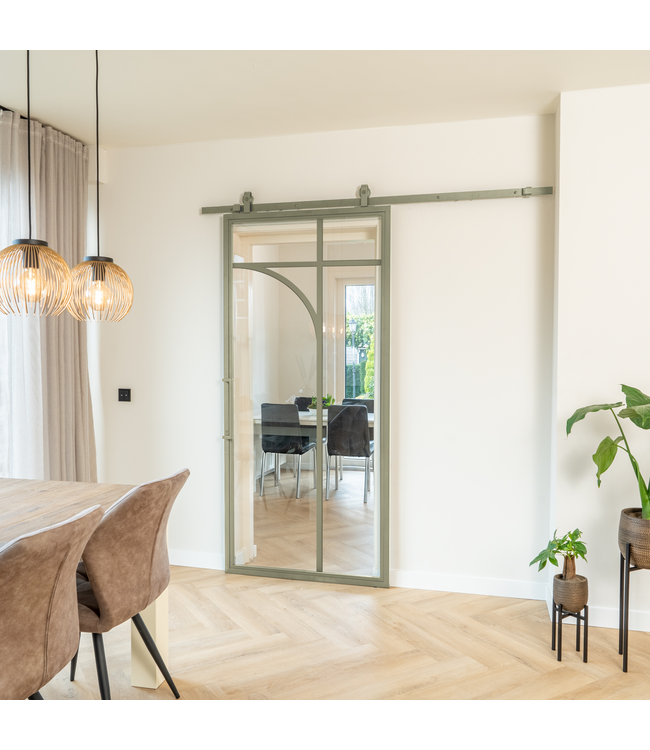 Stalen Schuifdeur - Olijfgroen - 5 Vlaks rond - Mat glas