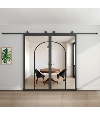 Dubbele stalen schuifdeur - Zwart - 2 Vlaks rond - Helder glas