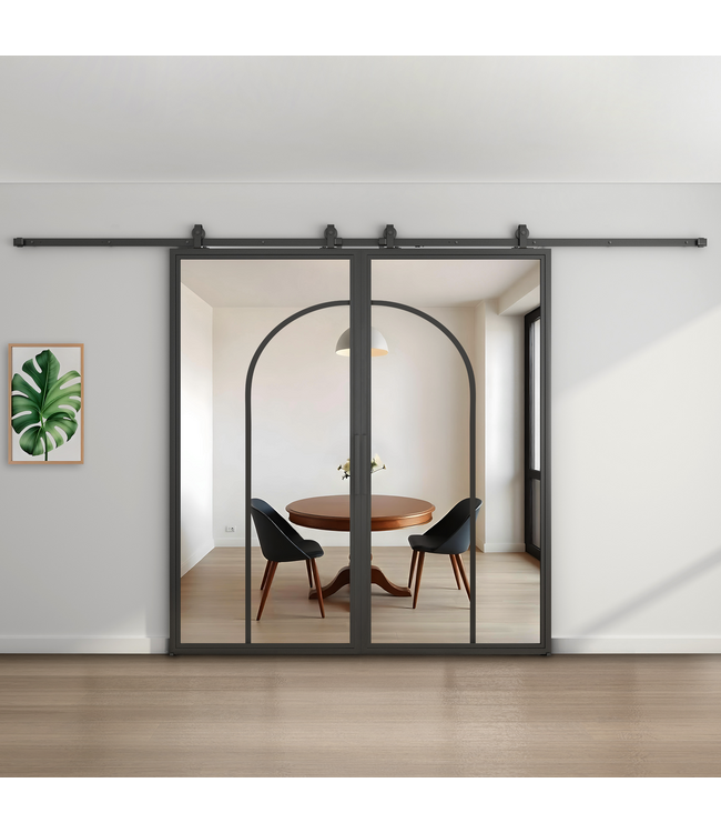 Dubbele stalen schuifdeur - Zwart - 2 Vlaks rond - Rook glas