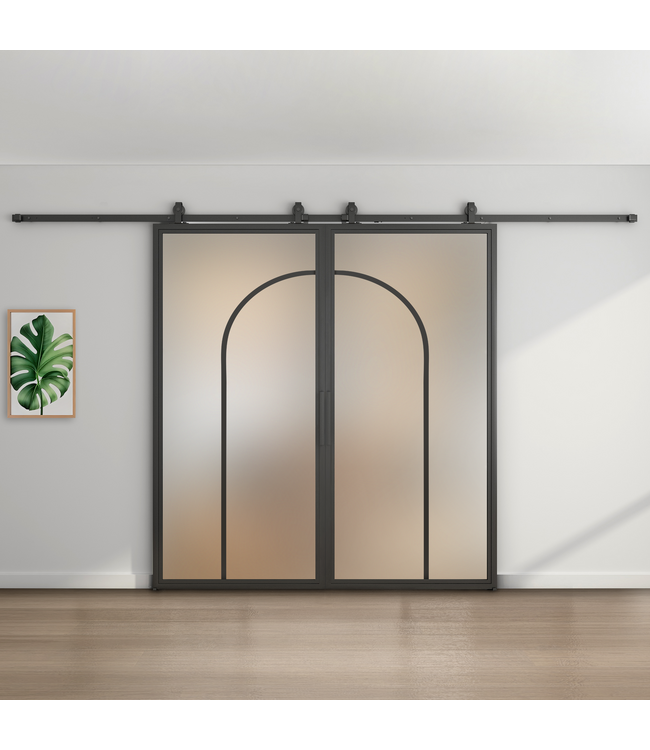 Dubbele stalen schuifdeur - Zwart - 2 Vlaks rond - Rook glas