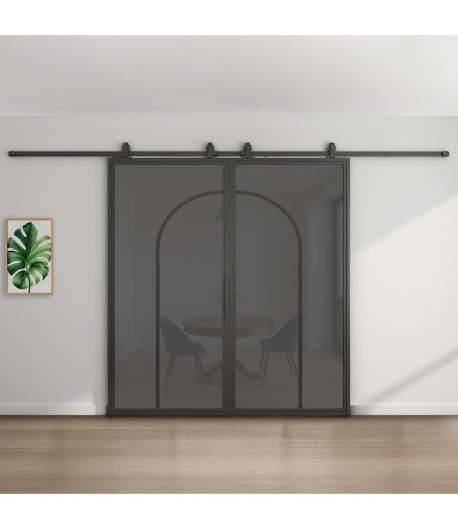 Dubbele stalen schuifdeur - Zwart - 2 Vlaks rond - Rook glas