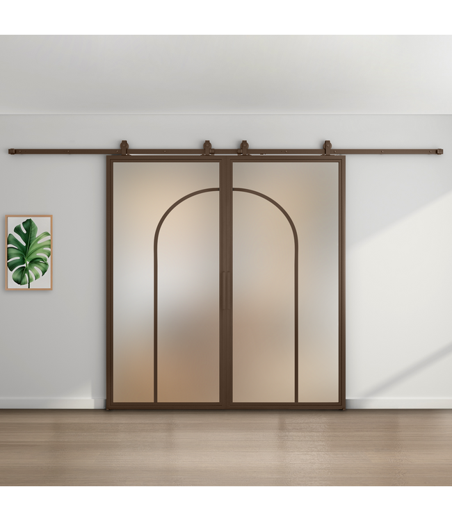 Dubbele stalen schuifdeur - Brons - 2 Vlaks rond - Helder glas