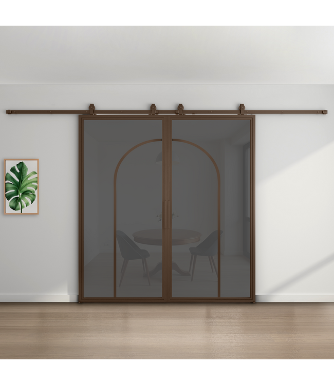 Dubbele stalen schuifdeur - Brons - 2 Vlaks rond - Mat glas
