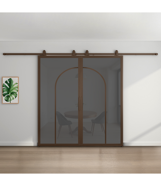 Dubbele stalen schuifdeur - Brons - 2 Vlaks rond - Rook glas