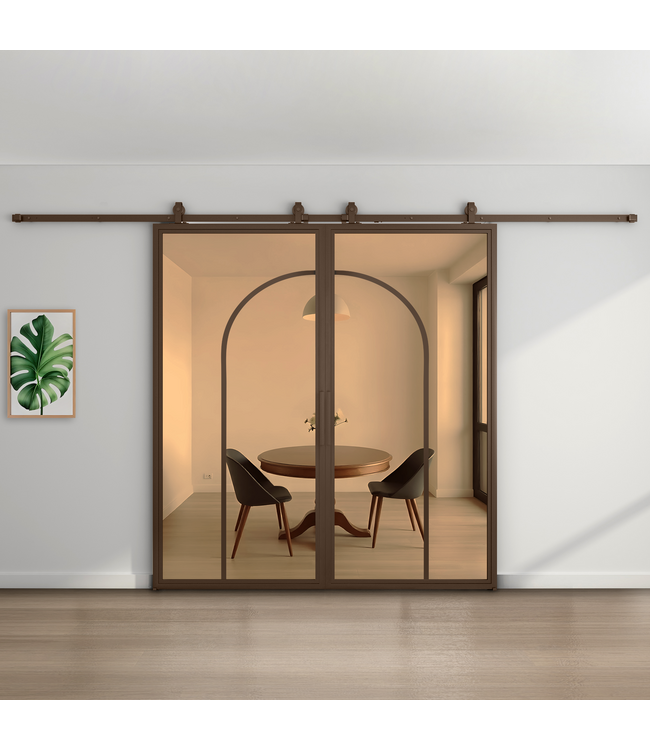 Dubbele stalen schuifdeur - Brons - 2 Vlaks rond - Brons rook glas