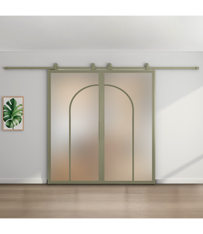 Dubbele stalen schuifdeur - Olijfgroen - 2 Vlaks rond - Mat glas