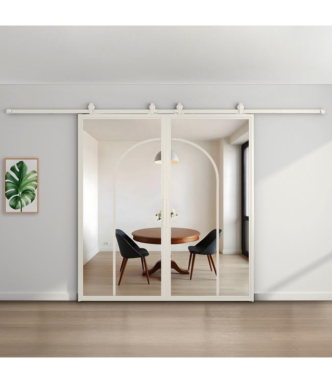 Dubbele stalen schuifdeur - Wit - 2 Vlaks rond - Mat glas