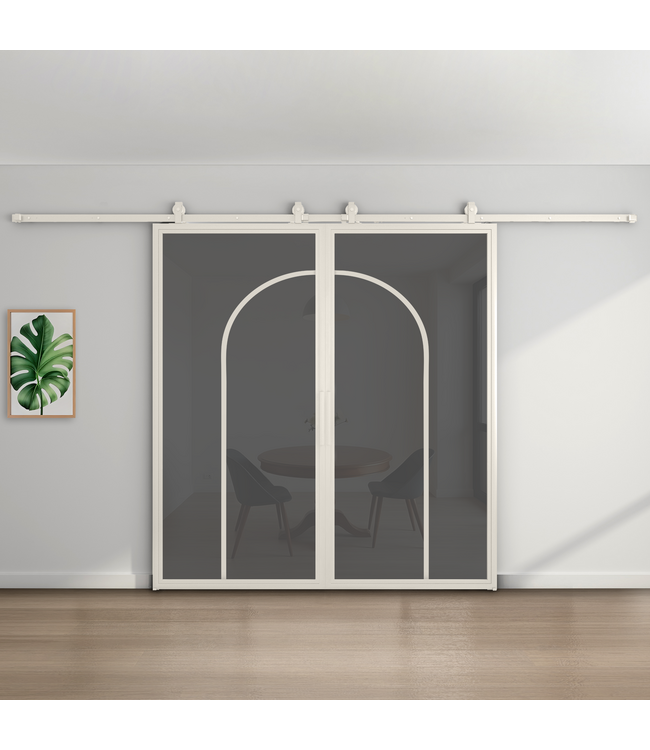 Dubbele stalen schuifdeur - Wit - 2 Vlaks rond - Mat glas