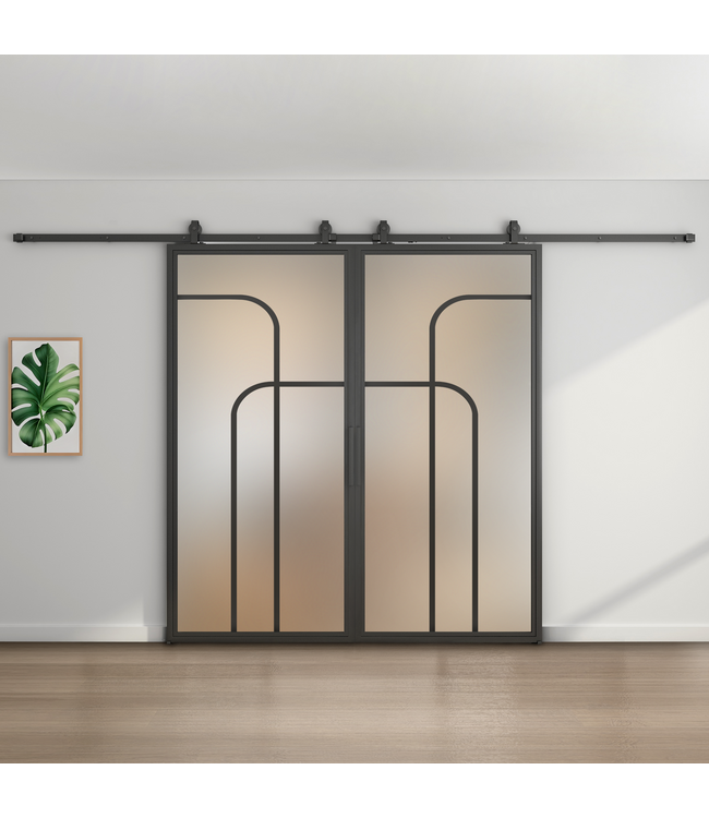 Dubbele stalen schuifdeur - Zwart - 4 Vlaks rond - Mat glas