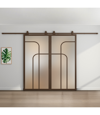 Dubbele stalen schuifdeur - Brons - 4 Vlaks rond - Mat glas