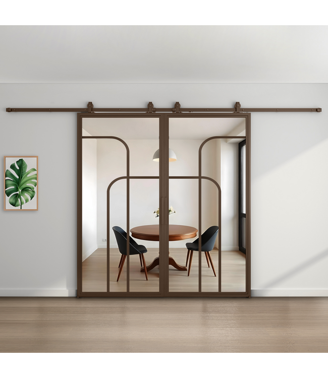 Dubbele stalen schuifdeur - Brons - 4 Vlaks rond - Rook glas