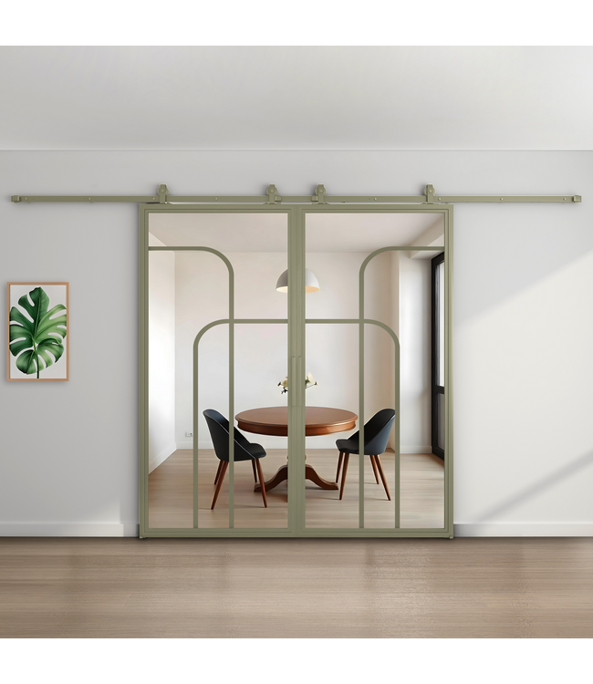 Dubbele stalen schuifdeur - Olijfgroen - 4 Vlaks rond - Mat glas