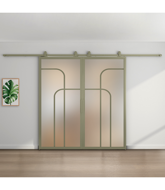 Dubbele stalen schuifdeur - Olijfgroen - 4 Vlaks rond - Mat glas
