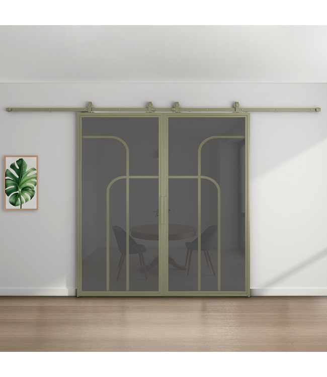 Dubbele stalen schuifdeur - Olijfgroen - 4 Vlaks rond - Mat glas