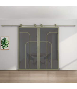 Dubbele stalen schuifdeur - Olijfgroen - 4 Vlaks rond - Rook glas