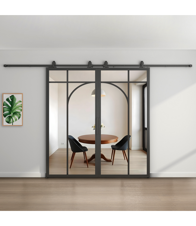 Dubbele stalen schuifdeur - Zwart - 5 Vlaks rond - Rook glas