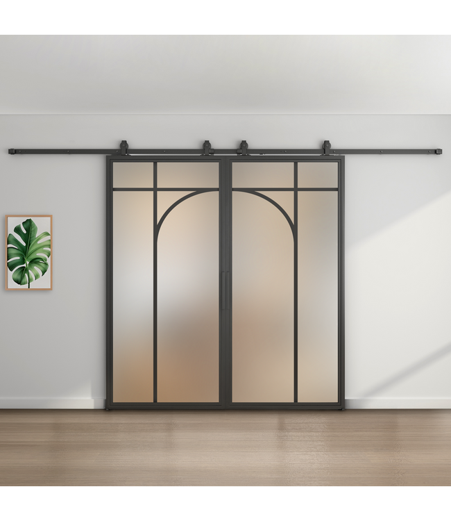 Dubbele stalen schuifdeur - Zwart - 5 Vlaks rond - Rook glas