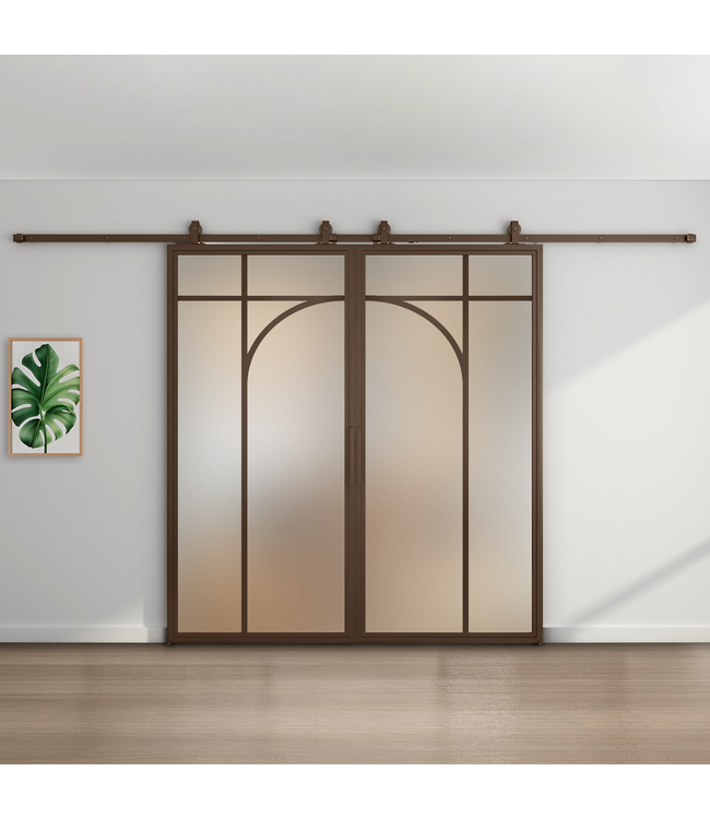 Dubbele stalen schuifdeur - Brons - 5 Vlaks rond - Helder