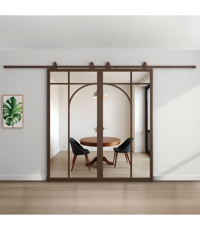 Dubbele stalen schuifdeur - Brons - 5 Vlaks rond - Mat glas