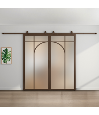 Dubbele stalen schuifdeur - Brons - 5 Vlaks rond - Mat glas
