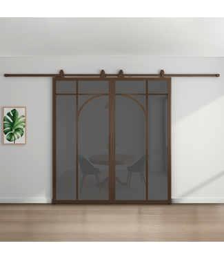 Dubbele stalen schuifdeur - Brons - 5 Vlaks rond - Rook glas