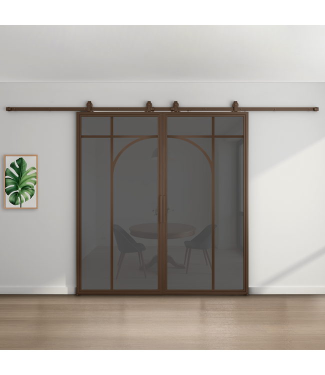 Dubbele stalen schuifdeur - Brons - 5 Vlaks rond - Rook glas
