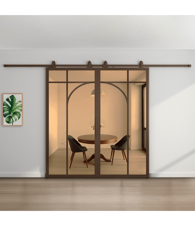 Dubbele stalen schuifdeur - Brons - 5 Vlaks rond - Rook glas