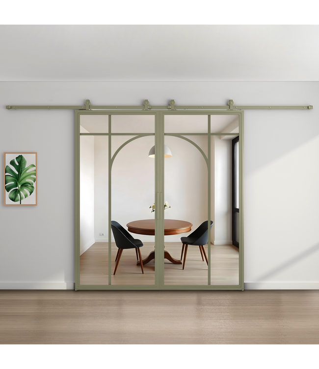Dubbele stalen schuifdeur - Olijfgroen - 5 Vlaks rond - Mat glas