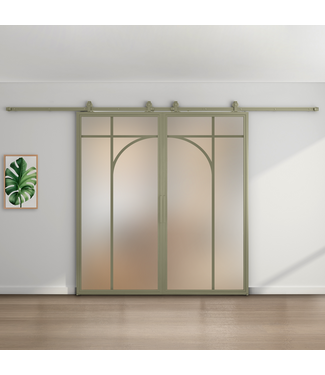 Dubbele stalen schuifdeur - Olijfgroen - 5 Vlaks rond - Mat glas